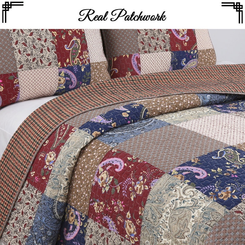 Queen Size Blue and Beige Cotton Reversible Quilt Set