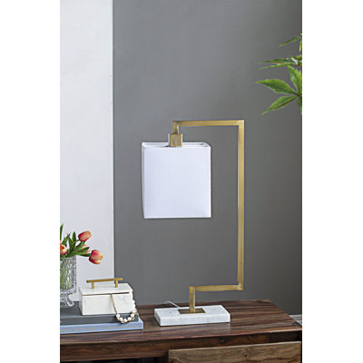 Lampe de table moderne en métal avec bras à double courbure, base en marbre et abat-jour carré en tissu