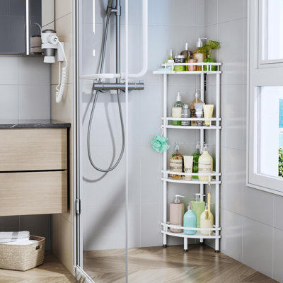 Organisateur de douche de coin à 4 niveaux avec porte-savon et crochets, tablettes de rangement antirouille avec pieds réglables et support adhésif