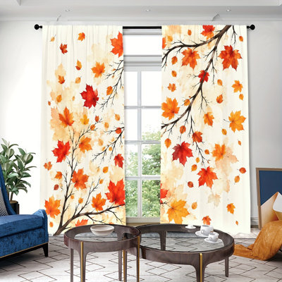 2PCS Maple Leaf Pattern Light Filtering Curtains with Branch Design, Autumn Theme Decor, Easy Hang Rod Pocket, Seasonal Window Panels for Home Living Room Bedroom Dining Decoration