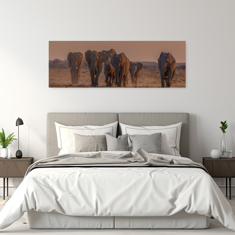 «Elephants Golden Hour Peaceful Tranquil Contemporary Elephant Landscape Nature», art mural, H 20 po x l 60 po