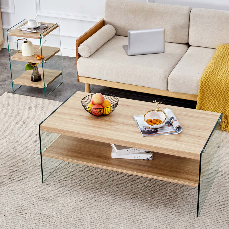 Ensemble de table de chevet et de table basse à trois niveaux, panneau de fibres à densité moyenne et verre trempé, conception simple avec rangement puissant