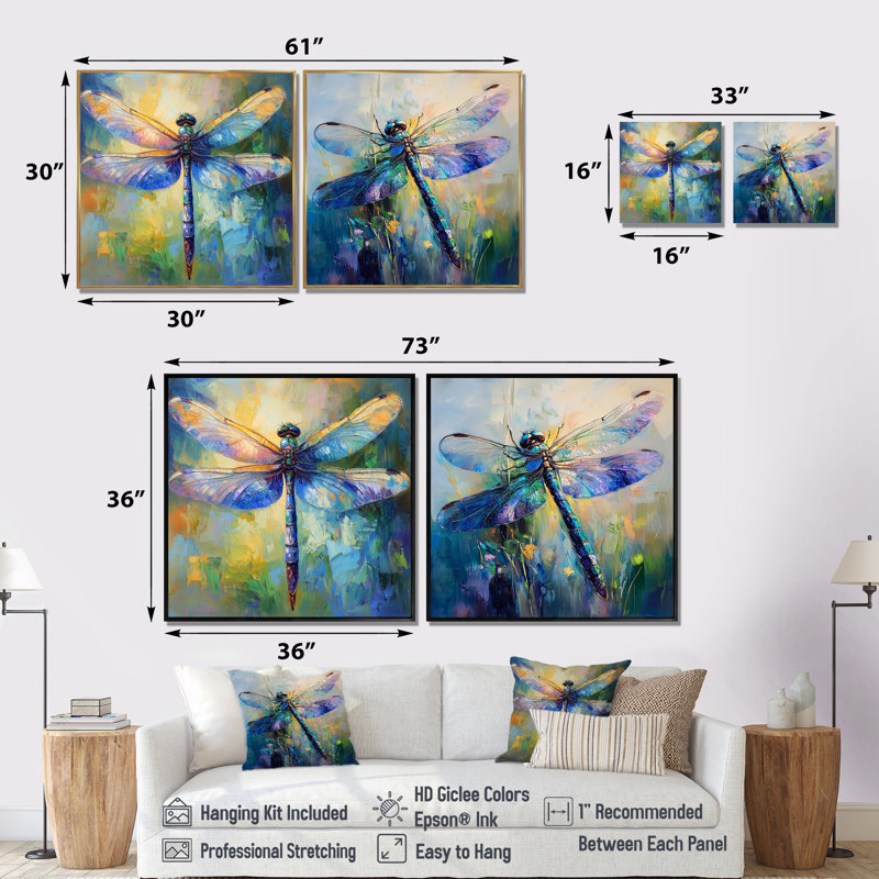 "Blue Blue Dragonfly's Iridescent Wings I", art mural libellule - ensemble d'art mural moderne 2 pièces, H 36 po x l 73 po