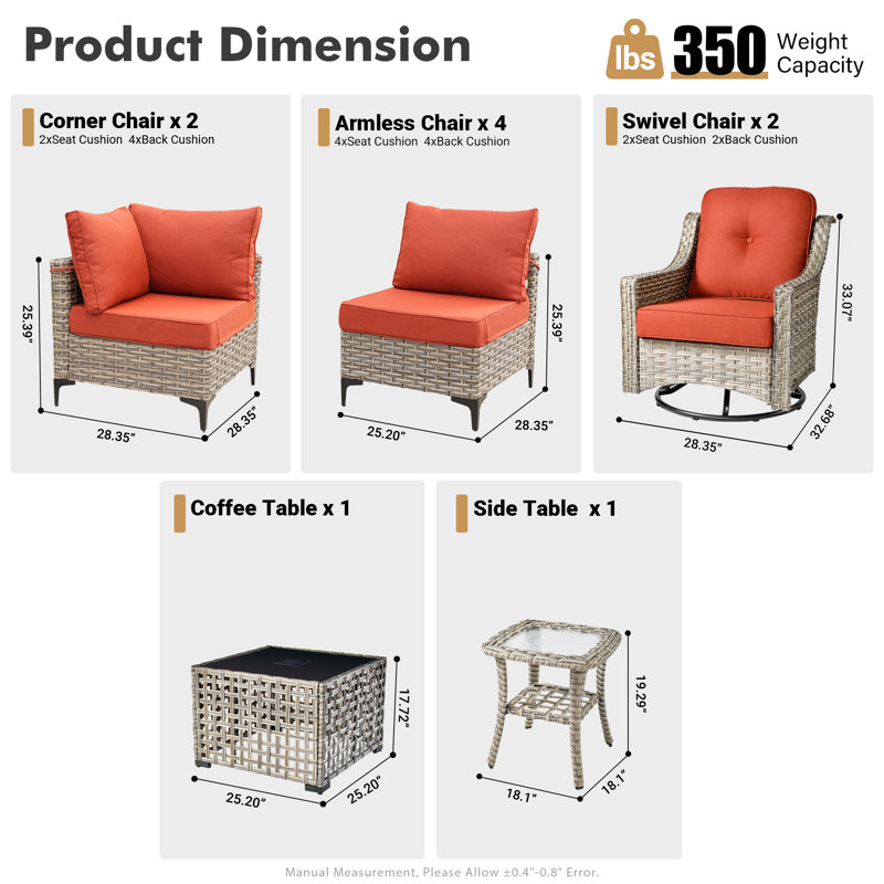 10- Piece Outdoor Patio Furniture Set, All - Weather Wicker Swivel Chairs with Thick Padded Cushions, Sectional Sofa, Coffee Table & Side Table for Garden, Backyard & Patio