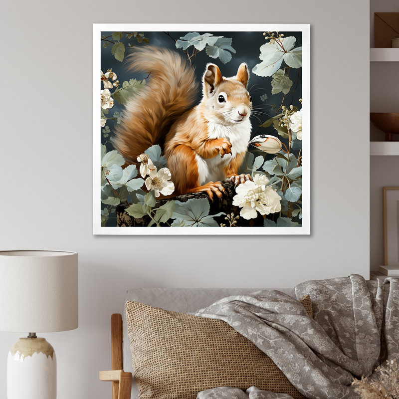 «Brown and Green Forest Squirrel Blooms» - art mural animal écureuil, H 36 po x l 36 po x P 1,5 po, Cadre simple blanc