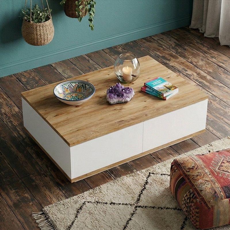 Table basse moderne, pin atlantique et blanc, 90 x 30 x 60 cm, panneau de particules enduit 100% mélamine, épaisseur: 0 cm, design scandinave