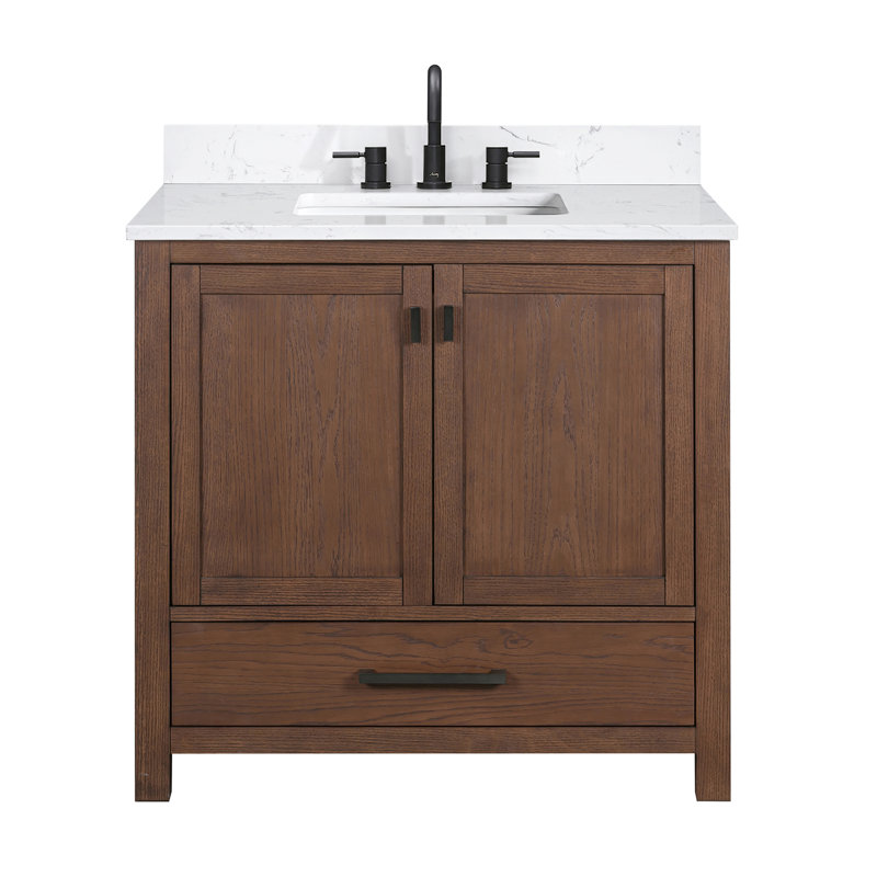 Modero 36" Single Bathroom Vanity with Top, Black, Mocha Oak, Cala White Marble
