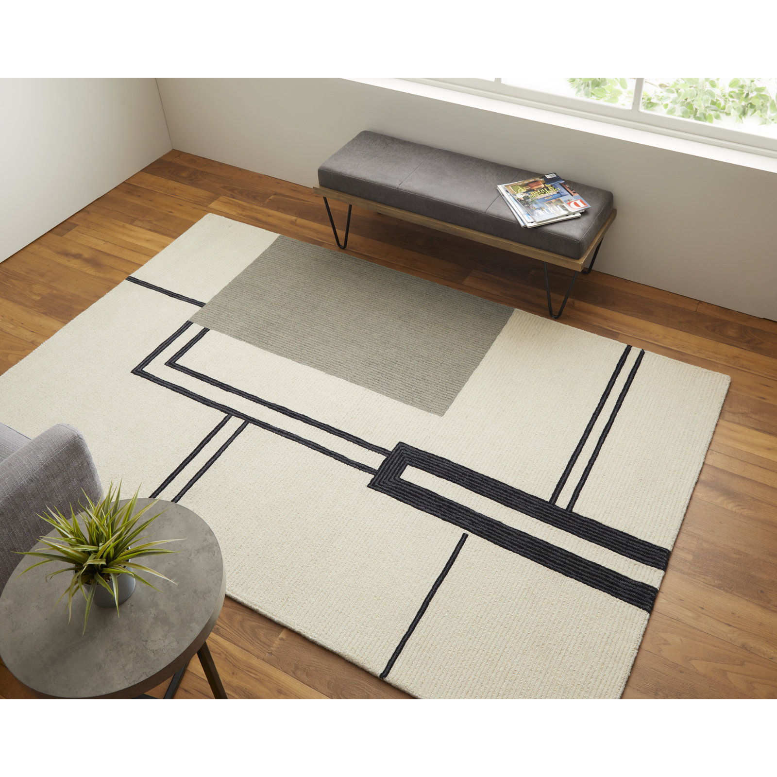 Nobu Ivory Black Hand-Tufted Abstract Rug, Rectangle 12' x 15'