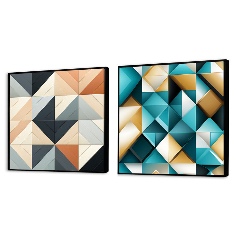 Hucksley - Ensemble de 2 collages carrés à formes abstraites, Cadre flottant noir, H 30 po x l 61 po