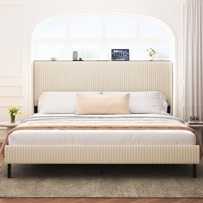 Très grande base de lit en métal avec station de charge Beige Bruit lisse et indolore Ensemble de tête de lit avec 2 ports de soutien sans plateforme de sommier sans tracas - Structure non nécessaire