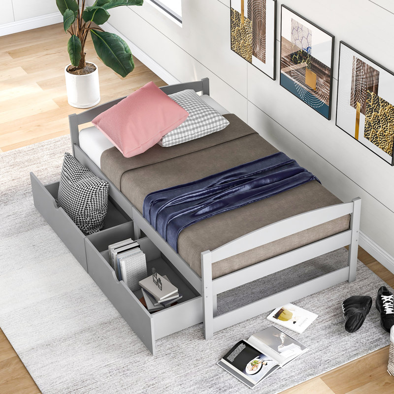 Lit plateforme gris avec options de tiroirs - rangement polyvalent et fonctionnel pour maximiser l'espace, Gris