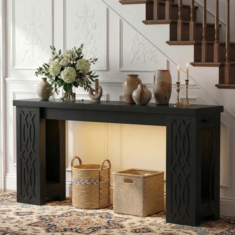 Console 63 po avec station de charge et lumières DEL 63 po, H 33,5 po x l 63 po x P 13,8 po, Noir