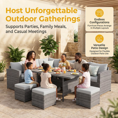 Ensemble de mobilier de patio en rotin gris 7 pièces comprenant 3 causeuses, une table à manger et 3 poufs, canapé d'angle extérieur en résine tressée résistante aux intempéries pour terrasse ou porche