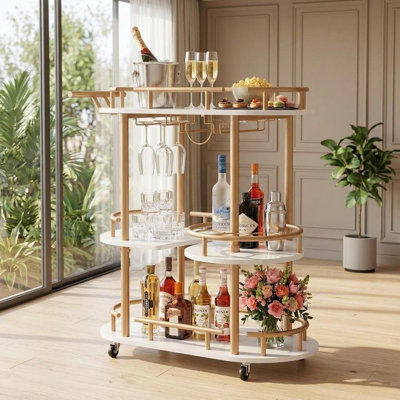 GarveeHome Mobile 3-Tier Serving Cart with Wine Rack and Glass Holder, Metal rolling cart with built-in wine & glass organizer, ideal for coffee station, mini bar, dining room
