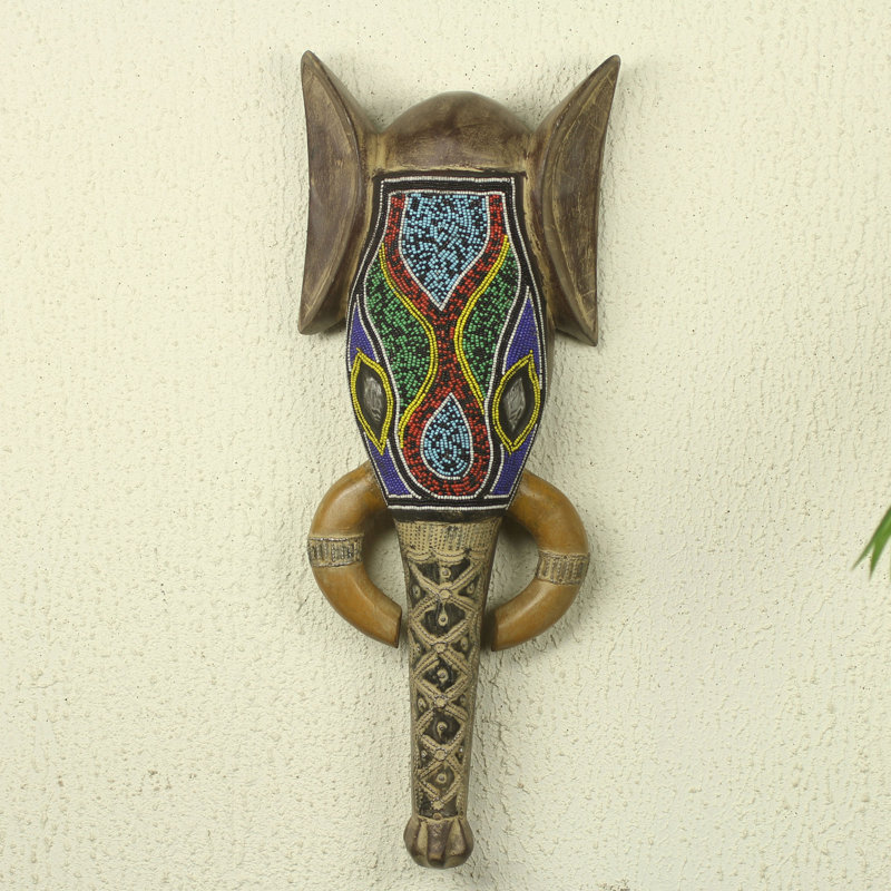Décoration murale masque de tête d'éléphant en bois africain Awudu Saaed