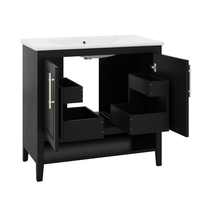 Meuble-lavabo de 36 po avec lavabo, comptoir intégré avec 4 tiroirs coulissants, tablette de rangement ouverte, fermeture en douceur, structure en bois massif