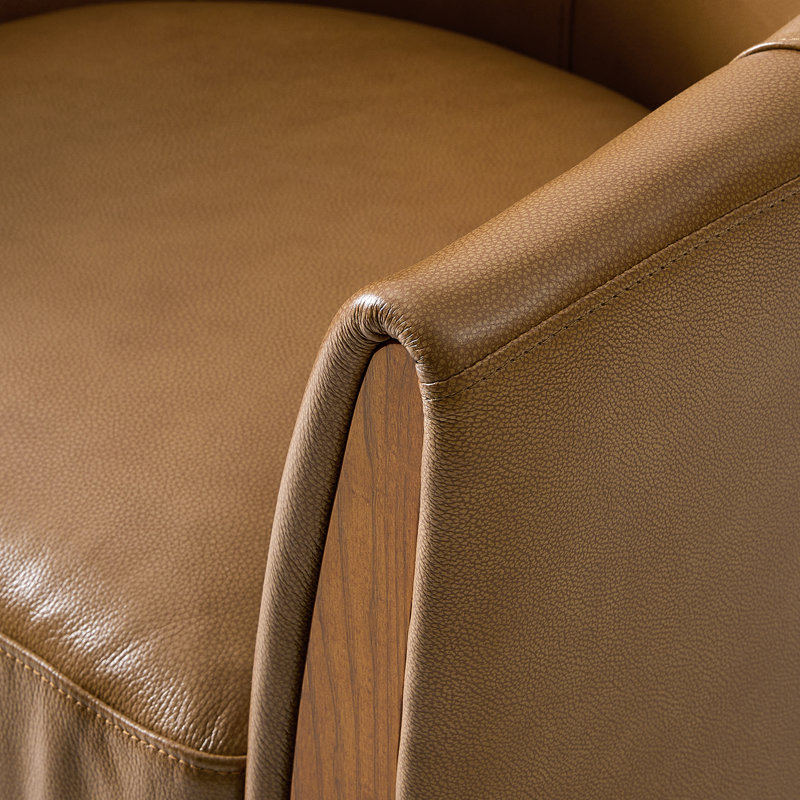 Pocono 29"W Transitional Genuine Leather Swivel Barrel Chair With Solid Wood Base, Camel