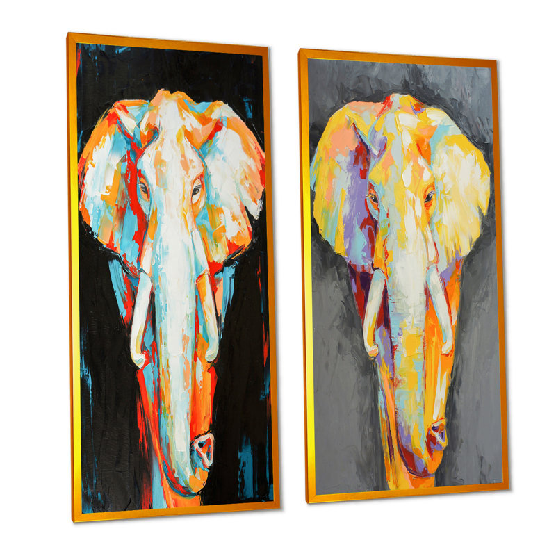«Paint Dessin of Elephant Portrait», ensemble de 2 peintures sur toiles, H 40 po x l 40 po x P 1 po, Cadre photo doré