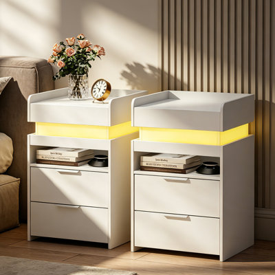 2-pack Led Nightstand With Hidden Gun Storage & Fast Charging Station & 2 Drawers & Open Shelf