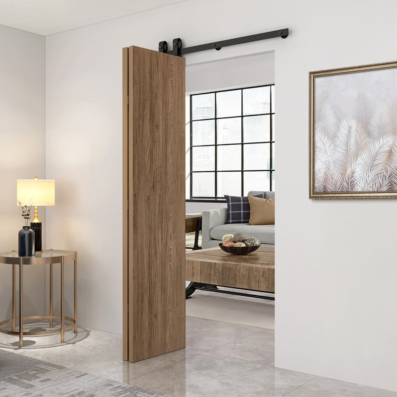Hollow Core Walnut Composite Texture Bi-Fold Door with Sliding Barn Door Hardware Kit, 36" x 94", 1