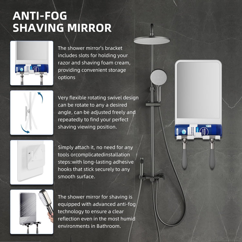 Shower Mirror For Shaving Fogless With Multifunctional Storage For Razor And Shaving Foam Canister, Adjustable Angle Mirror