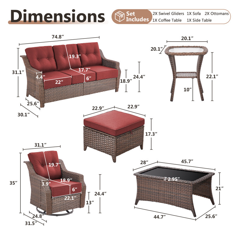 Acton 7 - Pieces Outdoor Wicker Sofa Seating Group With Ottomans And 6" Thick Cushions, Red