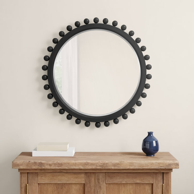 Augustine Wood Round Wall Mirror, Dark Charcoal Stained Wood