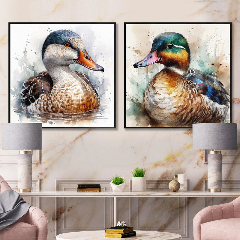 Magnificent_Male Duck - Animal Duck Square Collage Set Of 2, 30" H x 61" W, Black Floater Framed