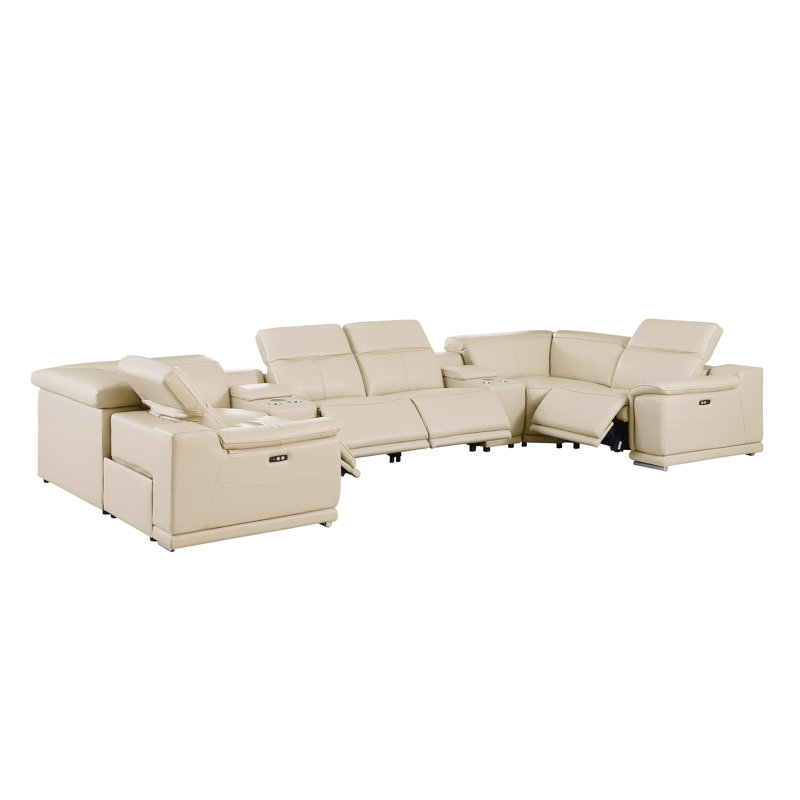 Jignesh 8 Piece 4 Power Recliner Top Grain Italian Leather Sectional, Jignesh Beige Genuine Leather