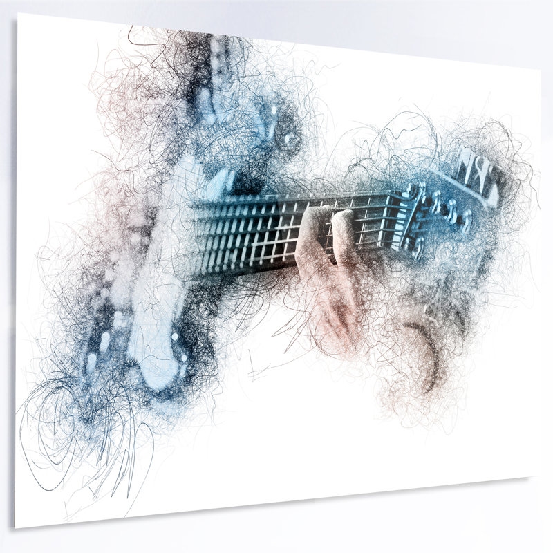 Peinture à l'aquarelle sur toile, jouant de la guitare, H 11 po x l 11 po x p 1 po, Métal