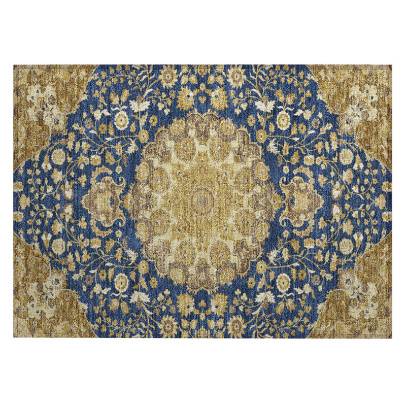 Tapis damassé intérieur / extérieur lavable à la machine ACN2611, Marine, 1 pi 8 po x 2 pi 6 po