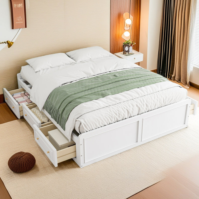 Structure de lit plateforme en bois avec 6 tiroirs, Blanc