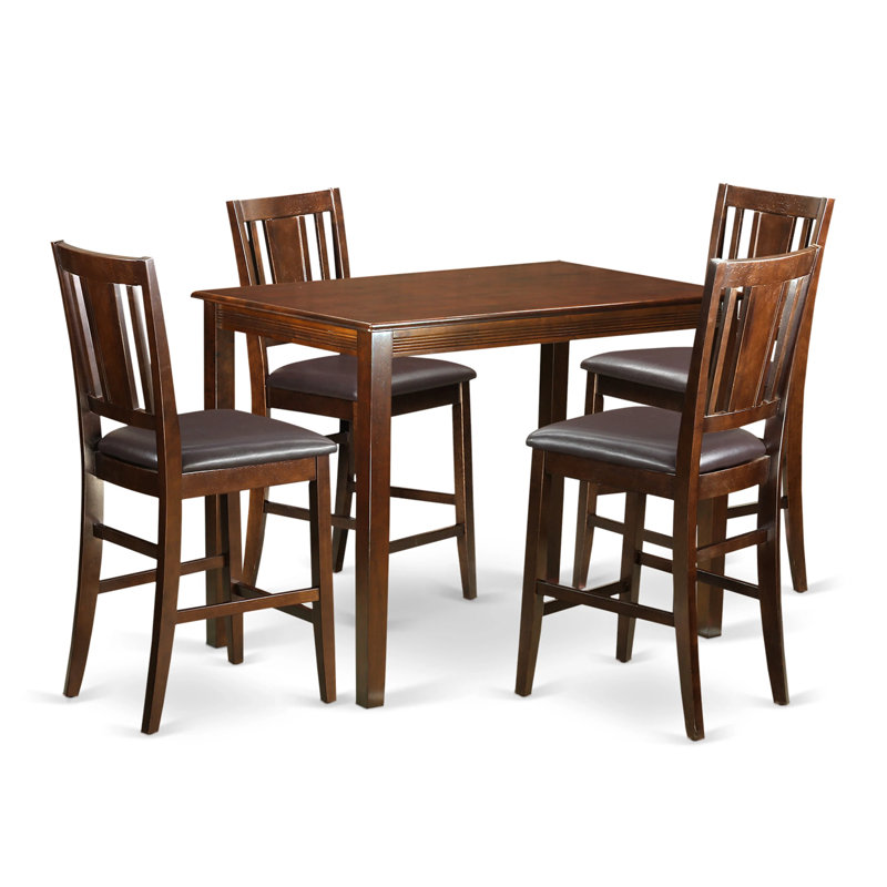 Ensemble bistro 5 pièces à hauteur de comptoir comprenant une table de salle à manger rectangulaire et 4 chaises de cuisine en similicuir, acajou