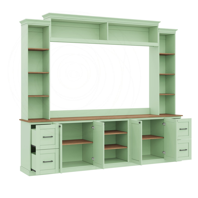 Meuble audio-vidéo 4 en 1 avec bibliothèque et tiroirs, Vert menthe