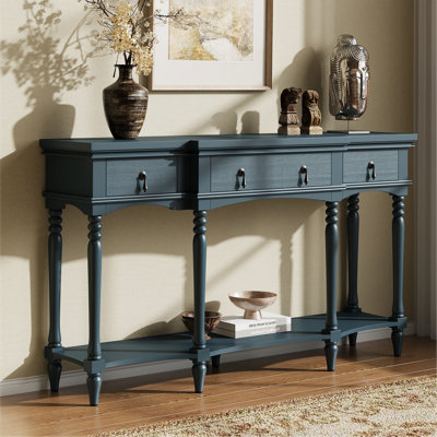 Console Traditional Traditional avec 3 tiroirs à fermeture en douceur et tablette inférieure, structure en bois massif, pieds romains tournés, poignées en cuivre rétro, bleu