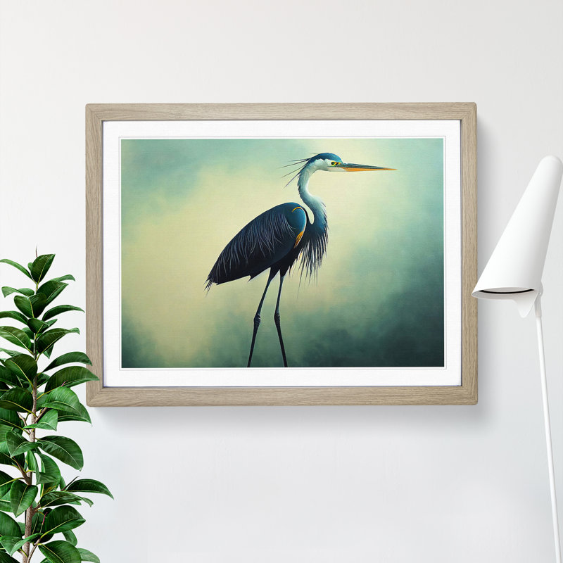 Five Star Heron Bird - Single Picture Frame Painting, 46cm H x 64cm W x 2cm D, Oak
