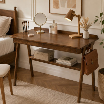 Solid Wood Writing Desk with 2 Drawers & Storage Shelf, Mid-Century Modern Computer Desk with Side Hooks for Home Office, Study & Bedroom