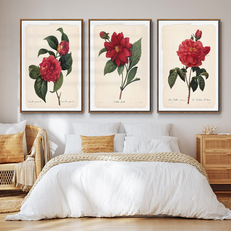 Red Botanical I, ensemble de 3 toiles encadrées sur toile, Noyer, H 40 po x l 78 po