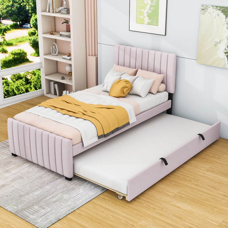 Lit plateforme simple en velours avec lit gigogne, Rose