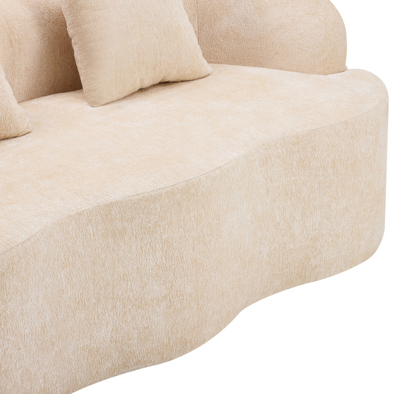 Canapé de compression beige pour petits espaces de bureau, sans assemblage, rembourrage à haute densité crème incurvé avec accoudoir rond et 2 coussins pour chambre à coucher, style élégant