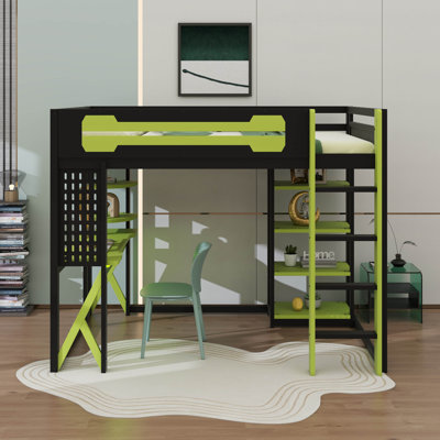 Lit mezzanine en bois avec bureau, tablettes, prise de courant et ports USB / Type-C, lumière RVB, jeu et lit mezzanine