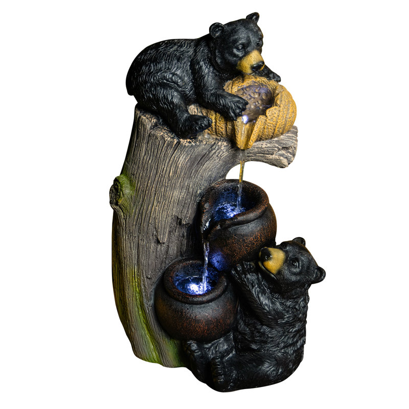 Outdoor Water Fountain with White LED Lights, 23.6" Resin Bear Garden Fountain