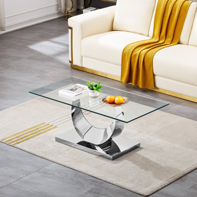 Ensemble de 3 tables basses en verre, ensemble de table de salon moderne avec 1 table basse, 1 table de bout et 1 console, ensemble de tables basses en verre de luxe avec base en acier inoxydable en forme de lune pour le bureau à domicile