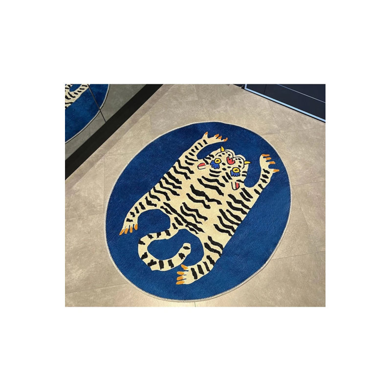 Tiger Pattern Blue Decorative Non-Slip Base Washable Carpet, Oval 3'4" x 4'