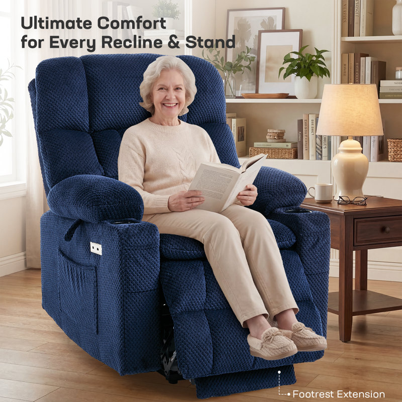 Dual Motor Power Lift Chair Recliner for Elderly with Massage and Heat, Infinite Position Electric Lift Recliner with Adjustable Headrest, USB (T6015 - Plush Fabric, Navy Blue, Medium)