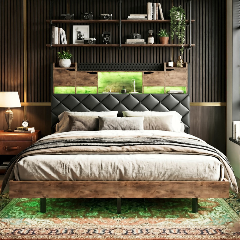 Floating Industrial Upholstered Storage Bed Frame With Charging Station, App Control LED & Hidden Headboard Compartment, 140X200cm Double / 160X200cm King