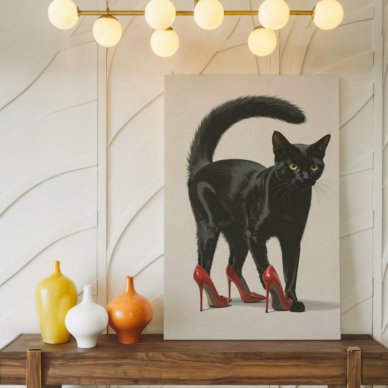 «High Heeled Attitude Stylish Black Cat In Red Stilettos Confidence», impression sur toile murale prête à être accrochée à la galerie