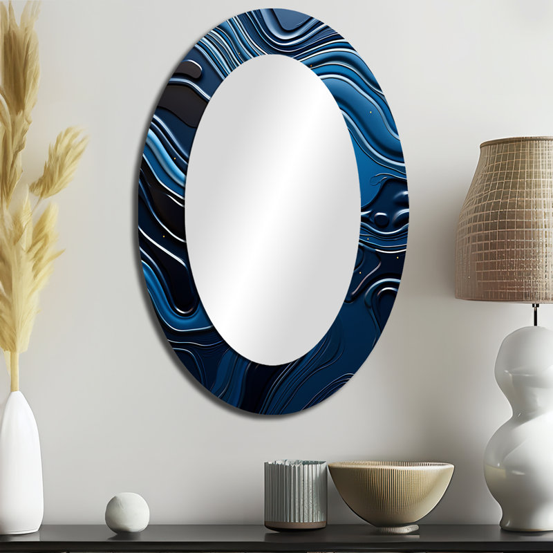 Dreamy Blue Ristretto Reverie - Grand miroir mural ovale sur métal, 36 po x 24 po