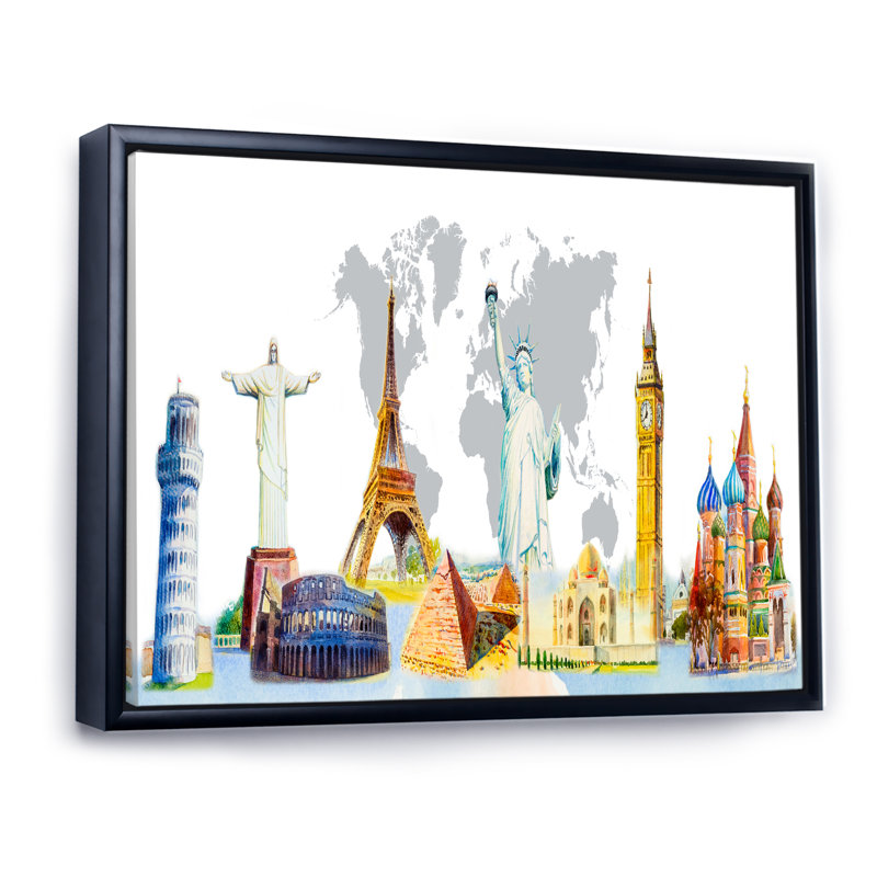 «Famous Repères Of The World», reproduction sur toile flottante, H 16 po x l 32 po x P 1 po, Cadre flottant noir