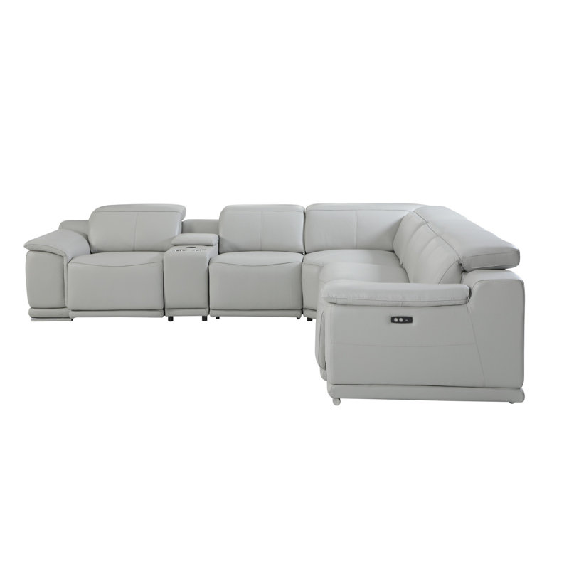 Italian Leather Power Reclining U Shaped Six Piece Corner Sectional With Console, Light Gray Top Grain Leather